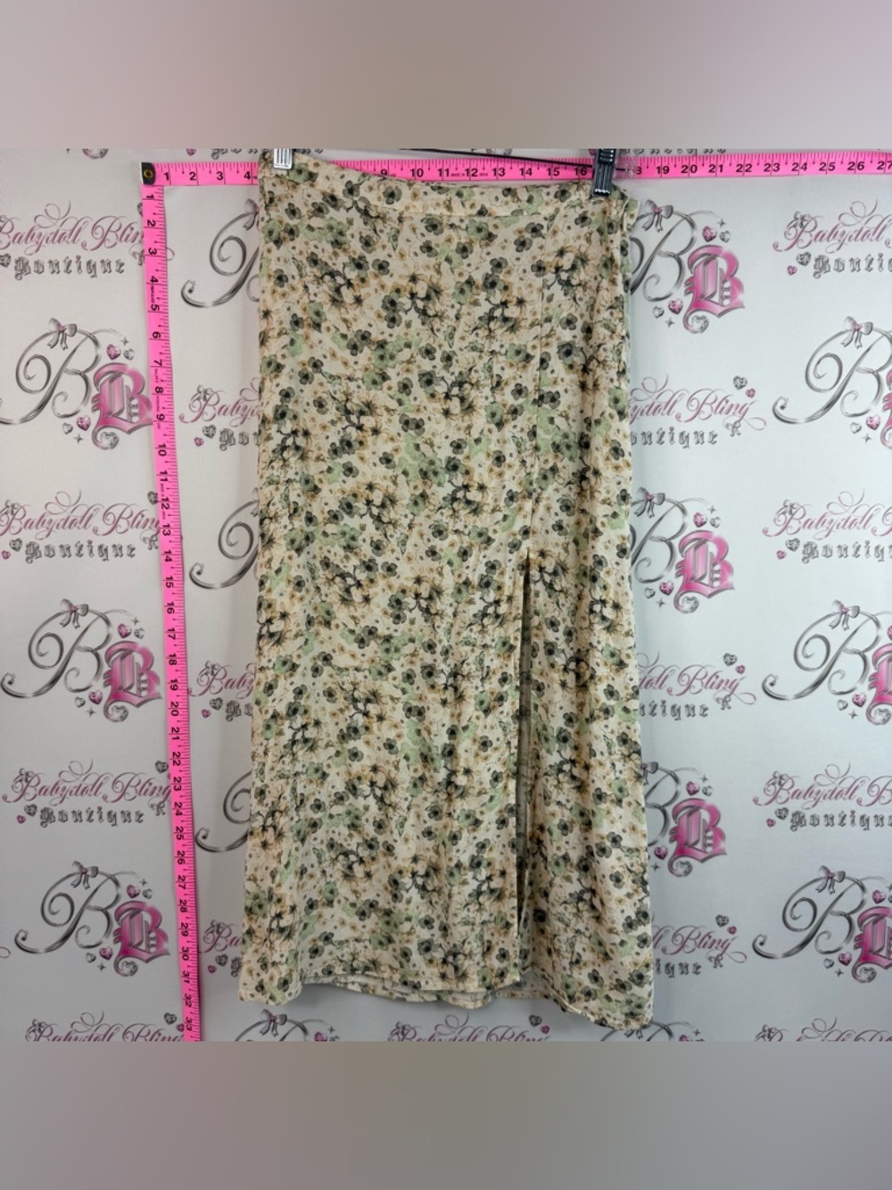 H&M Cream Floral Midi Skirt with Green, Black, Yellow, Orange Accents